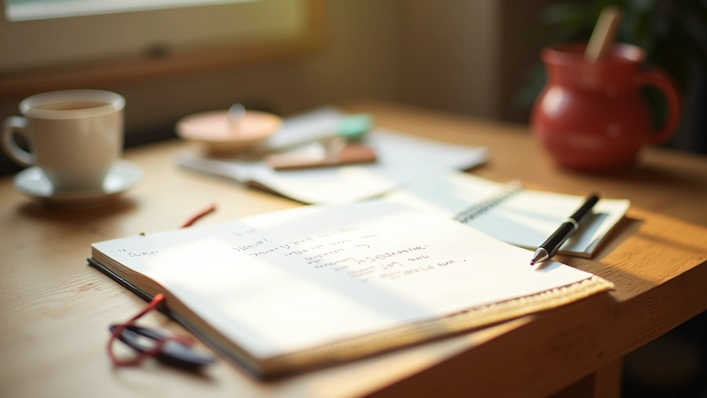 Journal ouvert avec stylo sur un bureau en bois, lumière naturelle du matin